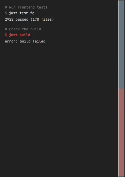 The terminal column listing every shell command the session ran, each under the model's own description, with a failed one marked in red