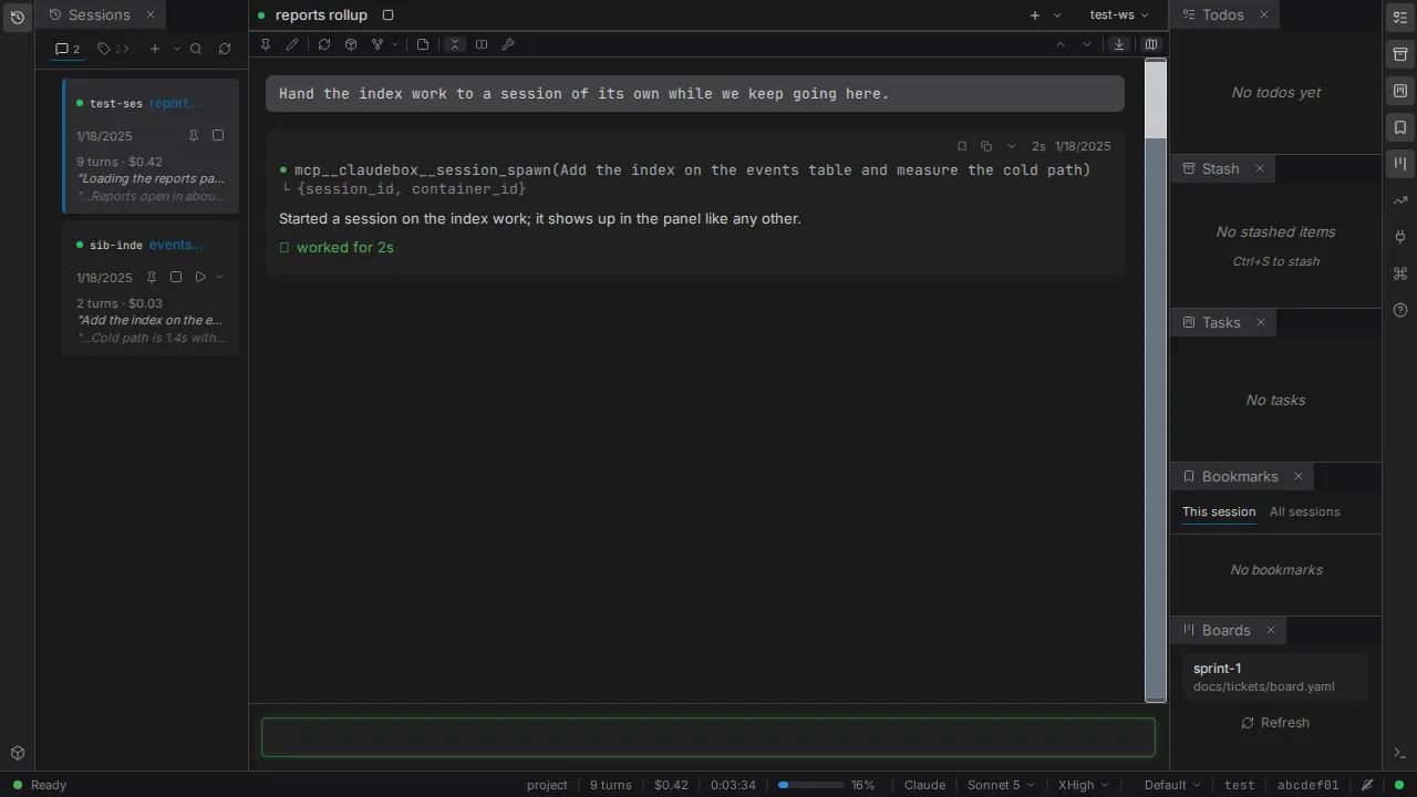 A conversation in which the agent started a second session, the spawning call rendered as an ordinary tool block