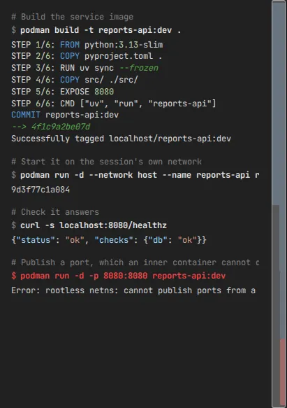 The terminal column of a session that built an image inside itself, started the service, reached it on localhost, and was refused when it tried to publish a port