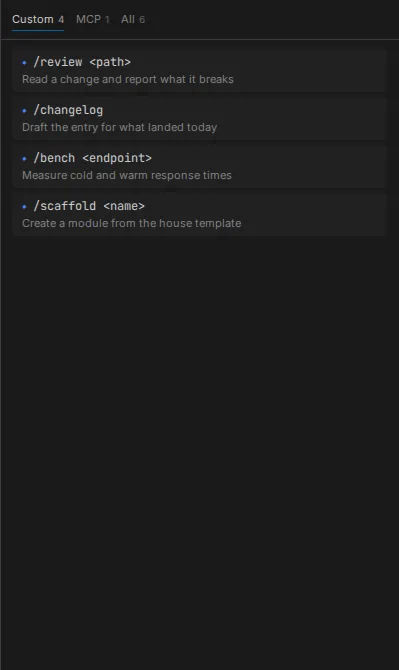 The Skills panel listing the profile's commands, each with the way it is typed and a line saying what it does