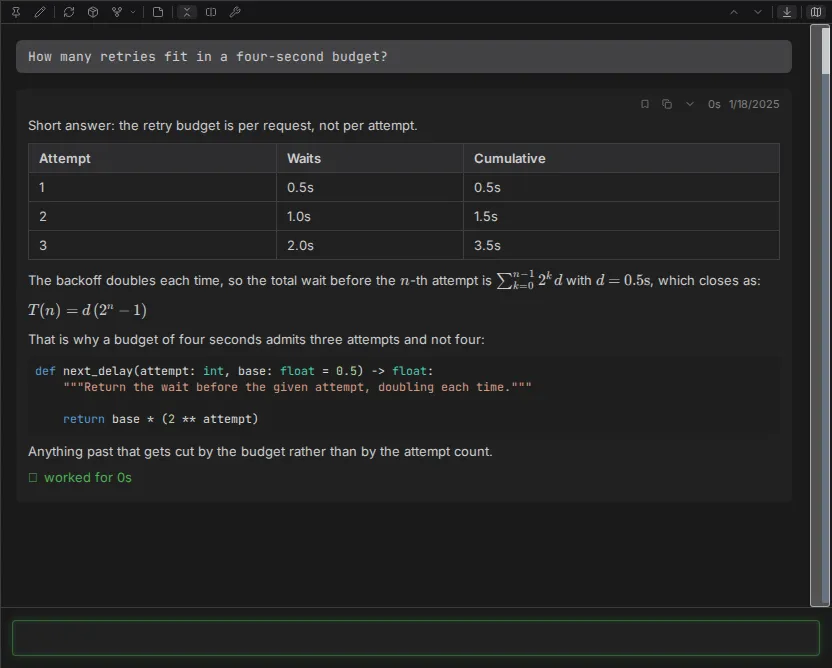 One reply carrying a table, inline and display mathematics, and a syntax-highlighted Python function