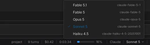 The model picker open above the footer, listing each model by name and id with a tick on the one in use, beside the pill naming the runtime