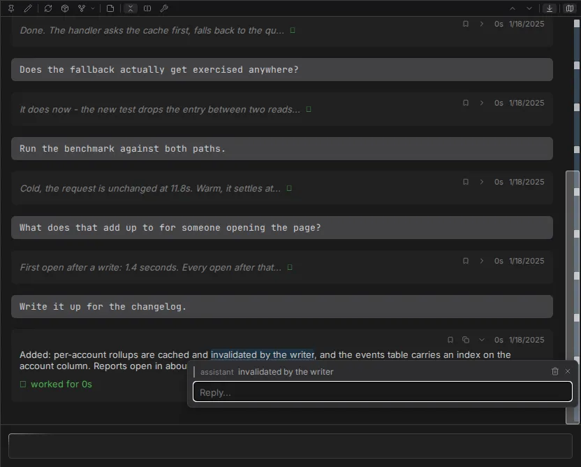 A sentence inside a reply carrying a durable highlight, with a reply box open beside it quoting that sentence back