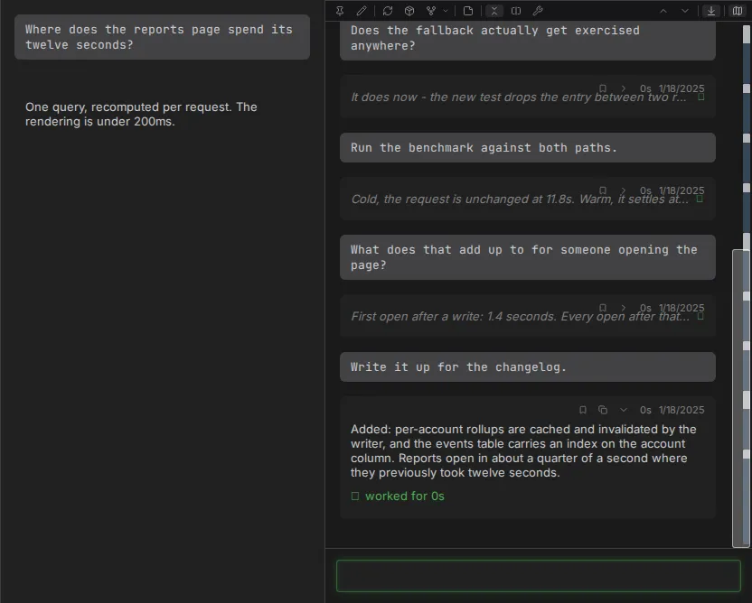 Two session groups side by side: the parent reading as a single column on the left, the focused one on the right with its own message box