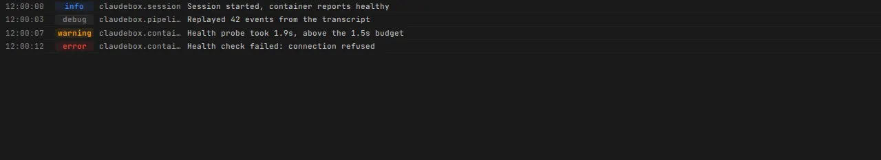 The Logs panel listing four entries, each with its time, level, logger and message, an error among them