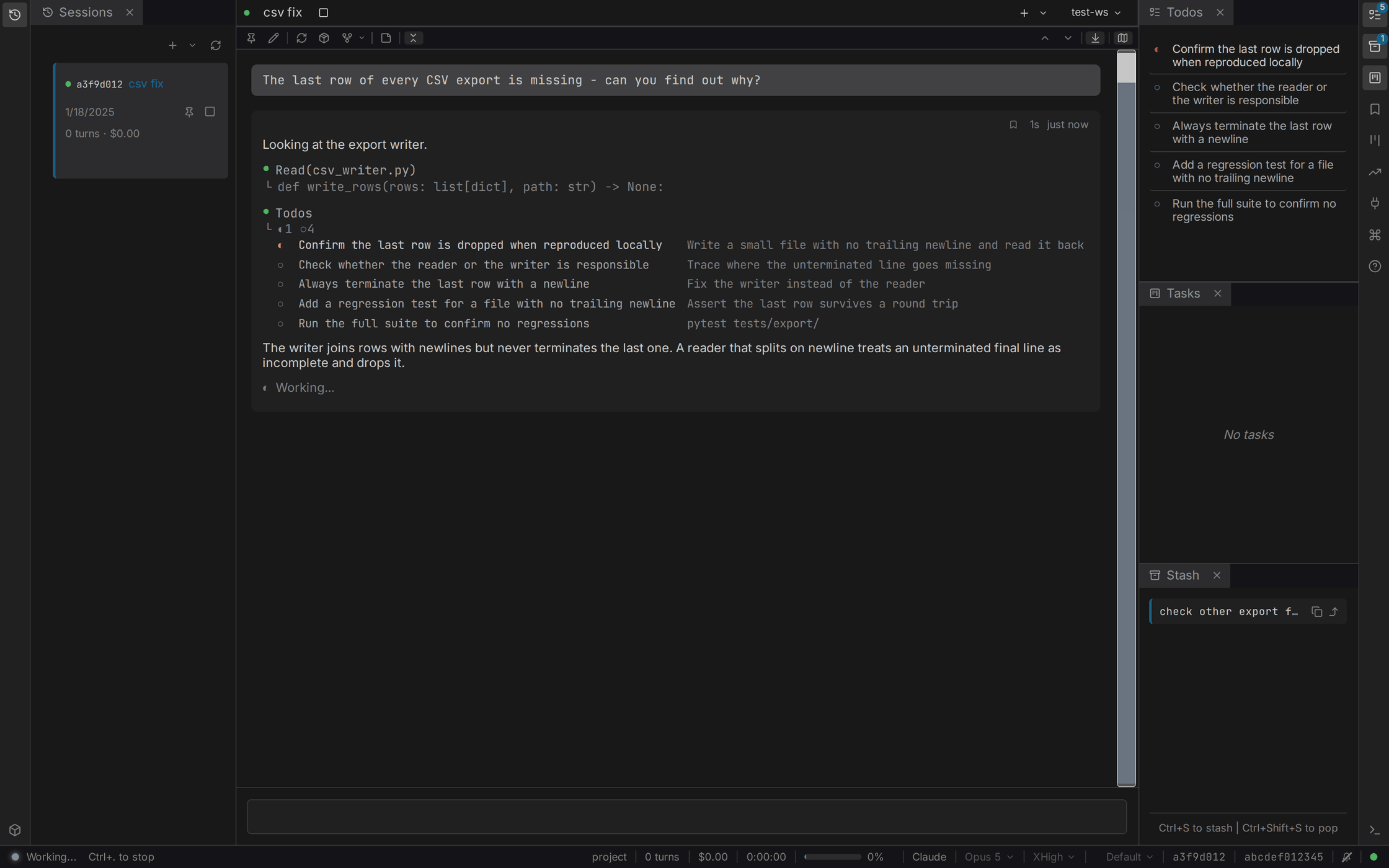 claudebox: an agent tracking todos, researching a spec, and fixing a bug end to end